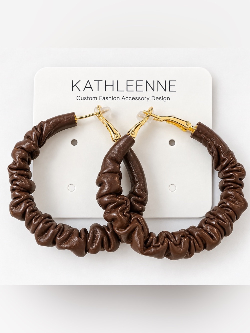 Kathleenne Brown Faux Leather Ruched Hoop Earrings Gold Tone Statement